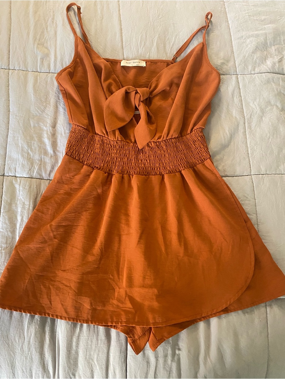 Bear Dance Rust Orange Tie-Front Smocked Waist Dress